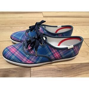 Keds Women's Dream Foam Blue Plaid Upper Ribbon Laces Cushioned Comfort Flats 6